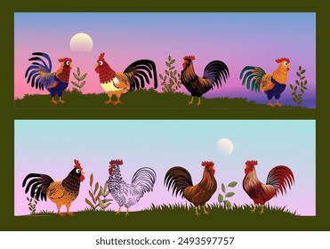 Conjunto de pollo doméstico, gallo, gallina, cría de aves de corral colección animal vintage dibujado a mano Ilustración vectorial. Pájaros animales de compañía.