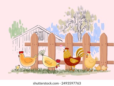 Conjunto de pollo doméstico, gallo, gallina, cría de aves de corral colección animal vintage dibujado a mano Ilustración vectorial. Pájaros animales de compañía.