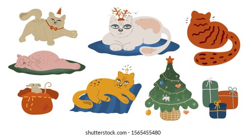 Set of domestic christmas cats isolated on white background, christmas tree, gifts, rat peeps out of a gift bag. A cat with small horns and a garland, sleeping. Vector flat cartoon illustration