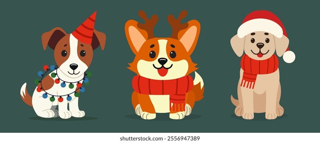 Set of domestic dogs in Christmas costumes
