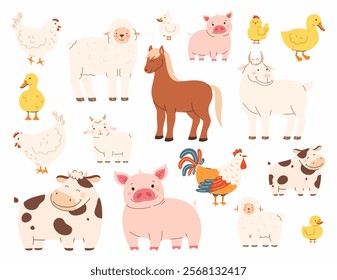 Set of domestic farm animals. Cow, sheep, goat, duck, chicken, calf, horse, pig, rooster. Flat vector illustration.