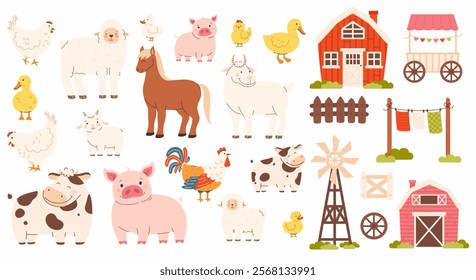 Set of domestic farm animals. Farm elements. Cow, sheep, goat, duck, chicken, calf, horse, pig, rooster. Flat vector illustration.