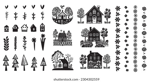 Set of domestic home vector quirky graphics. Collection of folk art style rural house and woodland clip art in hand carved linocut illustration. 