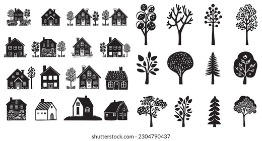 Set of domestic home vector quirky graphics. Collection of folk art style rural house and woodland clip art in hand carved linocut illustration. 