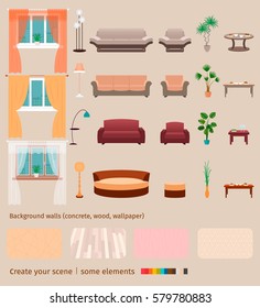 Set of domestic living room elements and furniture to create your own home interior scene. Flat style vector illustration.