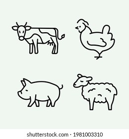 SET of domestic mammal icon vector illustration. Cow  hen pig sheep outline symbol. Chicken pork beef meat production, bird breeding. Poultry farm, animal husbandry