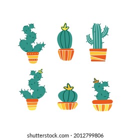 A set of domestic plants. Mexican cacti in pots, flowers. Bright summer vector flat illustration. Isolated design elements on a white background. For stickers, posters, postcards, banners. Houseplant