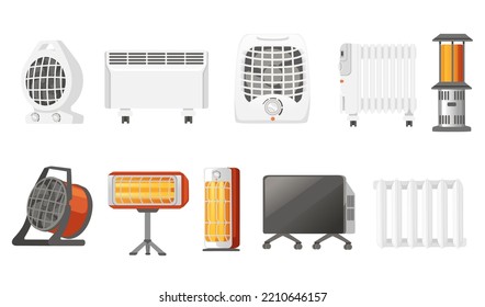 Set of domestic portable air heater with fan and ceramic heater element vector illustration isolated on white background