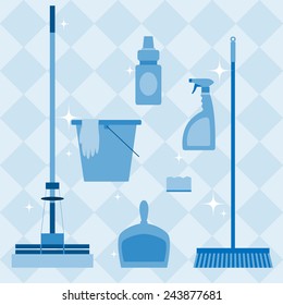 Set of domestic tools for cleaning on blue checkered background.