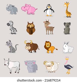 Set of domestic and wild animals with birds on grey background. 