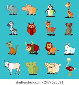 Set of domestic and wild animals with birds on turquoise background.