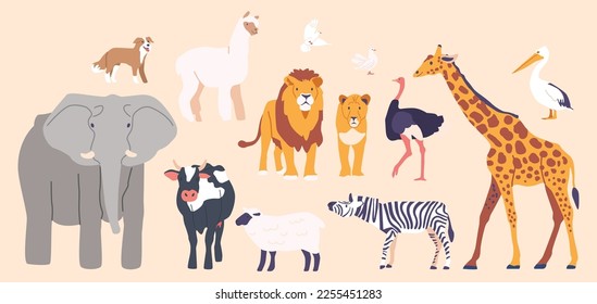 Set of Domestic and Wild Animals Isolated Icons. Elephant and Dog, Alpaca, Pigeons, Lion, Cow and Sheep. Crane, Zebra, Giraffe and Ostrich on Pink Background. Cartoon Vector Illustration