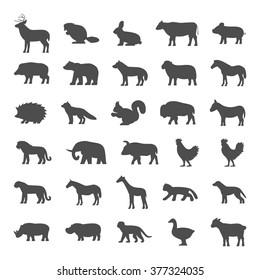 Set of domestic and wild animals on white background. Dog, cat, cow, pig, bear, elephant and other.