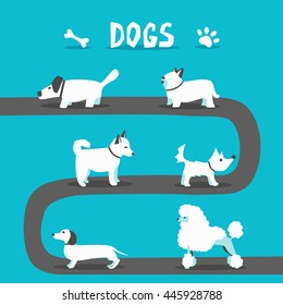 Set of domesticated dogs. Cartoon vector illustration. Park. Isolated background. Flat style