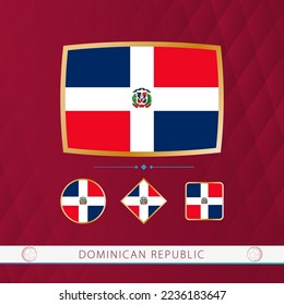 Set of Dominican Republic flags with gold frame for use at sporting events on a burgundy abstract background. Vector collection of flags.