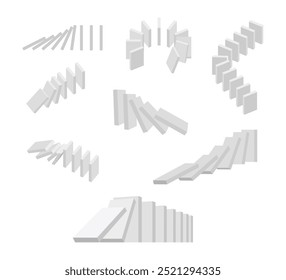 Set of domino effect icon collection, Falling dominoes collapsing, dominoes pieces row falling. Business crisis management, finance intervention, conflict prevention, vector illustration.