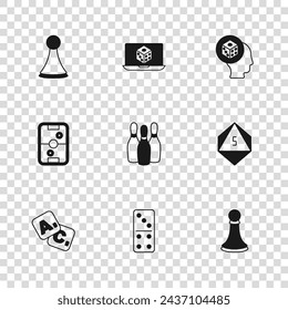 Set Domino, Game dice, Chess pawn, Bowling pin, Chip for board game,  and Air hockey table icon. Vector