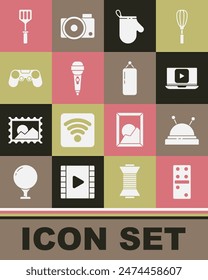 Set Domino, Needle bed and needles, Online play video, Oven glove, Microphone, Gamepad, Spatula and Punching bag icon. Vector