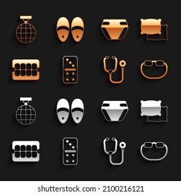 Set Domino, Pillow, Eyeglasses, Stethoscope, False jaw, Adult diaper, Disco ball and Slippers icon. Vector