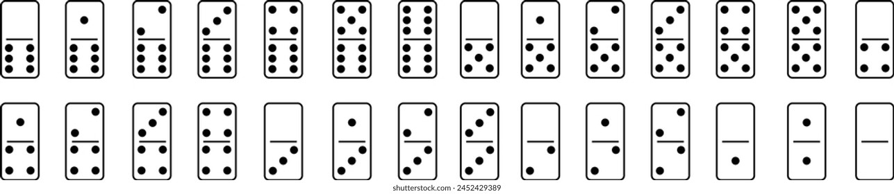 Set of Dominoes icons line styles with editable stock. Domino bones art designs. Abstract concept for game element. Series wooden chip. Stone for tournament, casino isolated on transparent background.