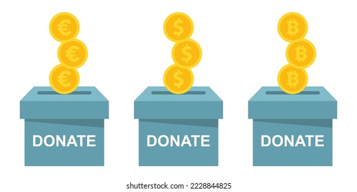 Juego de caja de donaciones con icono de moneda. Ilustración vectorial