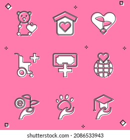 Set Donate child toys, Shelter for homeless, Leaf in heart, Wheelchair disabled person, Donation and charity, Hand holding Earth globe, hand and Animal volunteer icon. Vector