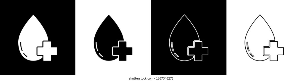 Establecer donar sangre con icono cruzado aislado en fondo blanco y negro. Ilustración vectorial