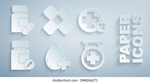 Set Donate drop blood with cross, Cross hospital medical, Medicine bottle and pills, Hospital signboard, Crossed bandage plaster and  icon. Vector