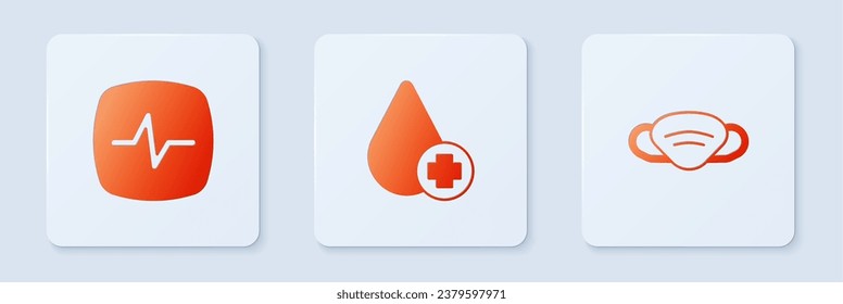 Set Donate drop blood, Heart rate and Medical protective mask. White square button. Vector