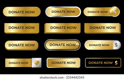 Set of Donate Now buttons icon design template. Gold push buttons isolated. vector