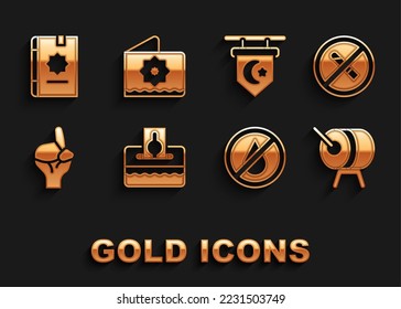 Set Donate or pay your zakat, No Smoking, Ramadan drum, water, Hands praying position, Star crescent, Holy book of Koran and Octagonal star icon. Vector