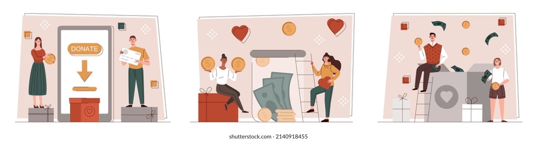 Set of donating. Collection of pictures with people with coins. Charity and volunteers, savings and family budget. Love and care. Cartoon flat vector illustrations isolated on white background