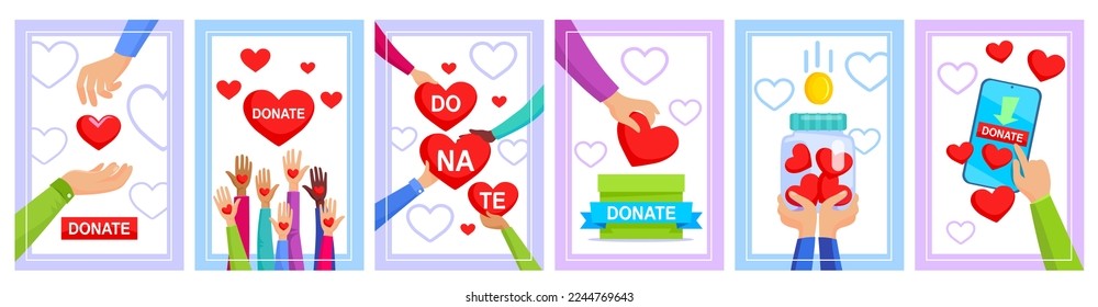 Carteles de donación, afiches o folletos para una organización de caridad. Colección de tarjetas para la web o una aplicación para smartphone. Concepto de diseño de dinero donado. Ilustración vectorial de estilo de dibujos animados.