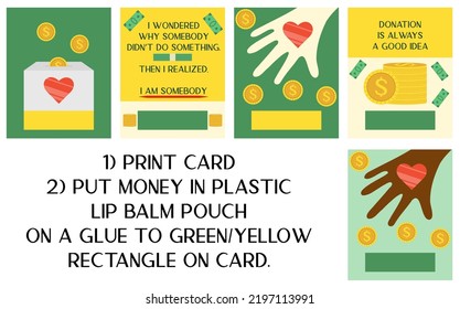 Set of donation cards with charity slogan. Money card with lip balm pouch. Save cash for fund contribution. Charity advertisement.