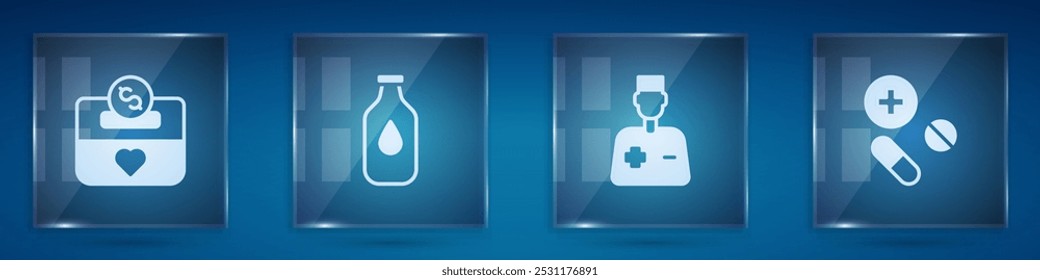 Set Spende und Wohltätigkeit, Flasche Wasser, männlichen Arzt und Medizin Pille Tablette. Quadratische Glasplatten. Vektorgrafik