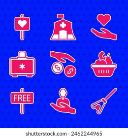 Set Donation and charity, Caring for people, Mop, food box, Free sign, First aid kit, Heart hand and Location with heart icon. Vector
