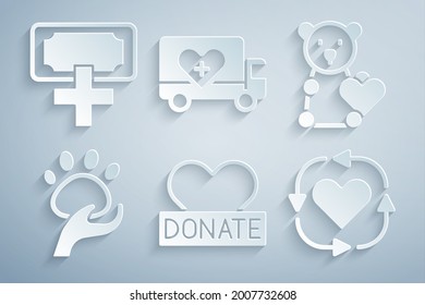 Set Donation and charity, Donate child toys, Animal volunteer, Volunteer, Humanitarian truck and icon. Vector