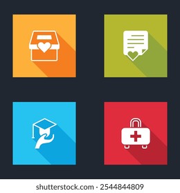 Conjunto Donación y caridad, sobre con corazón, subvención de Educación e ícono de botiquín de primeros auxilios. Vector