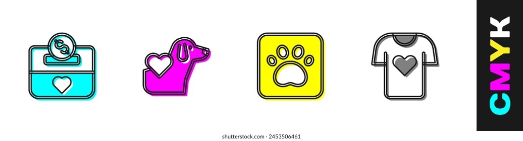 Set Donation and charity, Heart with dog, Paw print and Clothes donation icon. Vector