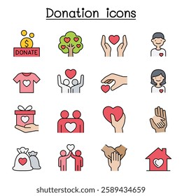 Set of Donation and charity line . contains such  as, volunteer, fundraiser, kindness, giving, assistance, support, care and more.