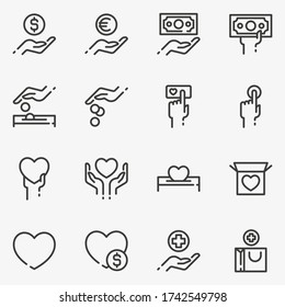 Set of donation and charity line vector icon isolated on white background.