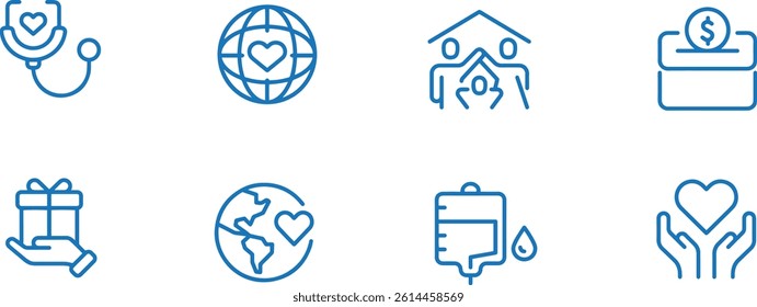 set of donation and charity lined icons 