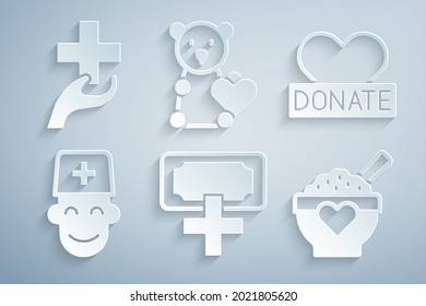 Set Donation and charity, Male doctor, food, Donate child toys and Heart with cross icon. Vector