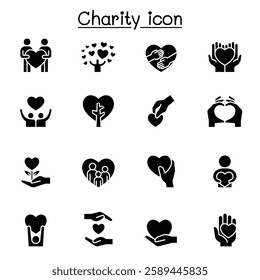 Set of Donation and Charity related vector icon set. contains such icon as kindness, fundraiser, volunteer, support, heart, helping, care, give, hope, friendship, hug, protect and more. in glyph style