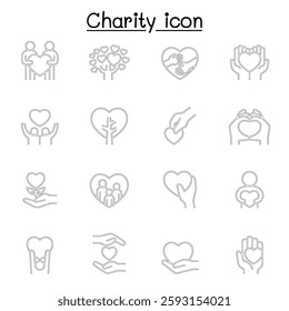 Set of Donation and Charity related vector line icon. contains such icon as kindness, fundraiser, volunteer, support, heart, helping, care, give, hope, friendship, hug, protect and more.