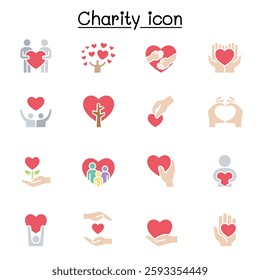 Set of Donation and Charity related vector icon set. contains such icon as kindness, fundraiser, volunteer, support, heart, helping, care, give, hope, friendship, hug in flat color style