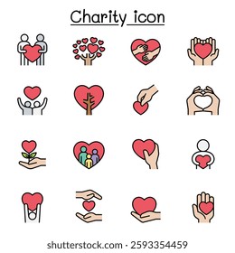 Set of Donation and Charity related vector icon set. contains such icon as kindness, fundraiser, volunteer, support, heart, helping, care, give, hope, friendship, hug in color line style