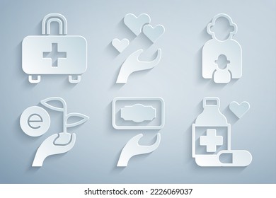 Set Donation and charity, Taking care of children, Leaf hand, Medicine bottle pills, Heart and First aid kit icon. Vector
