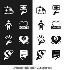 Set Donation and charity, Volunteer, Ambulance car, Animal volunteer, Envelope with heart and Hand holding Earth globe icon. Vector