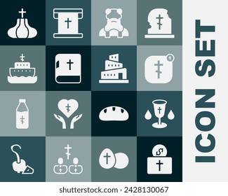 Set Donation for church, Christian chalice, Online pastor preaching, Priest, Holy bible book, Ark of noah, Church tower and Babel story icon. Vector